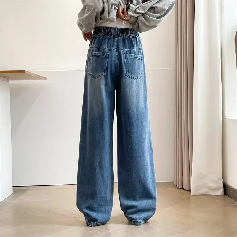 XXXXL Fashion Plus Size Women's Straight Jeans 2025 Autumn Casual Two Color Drawstring Waist Wide Leg Full Length Pants 774