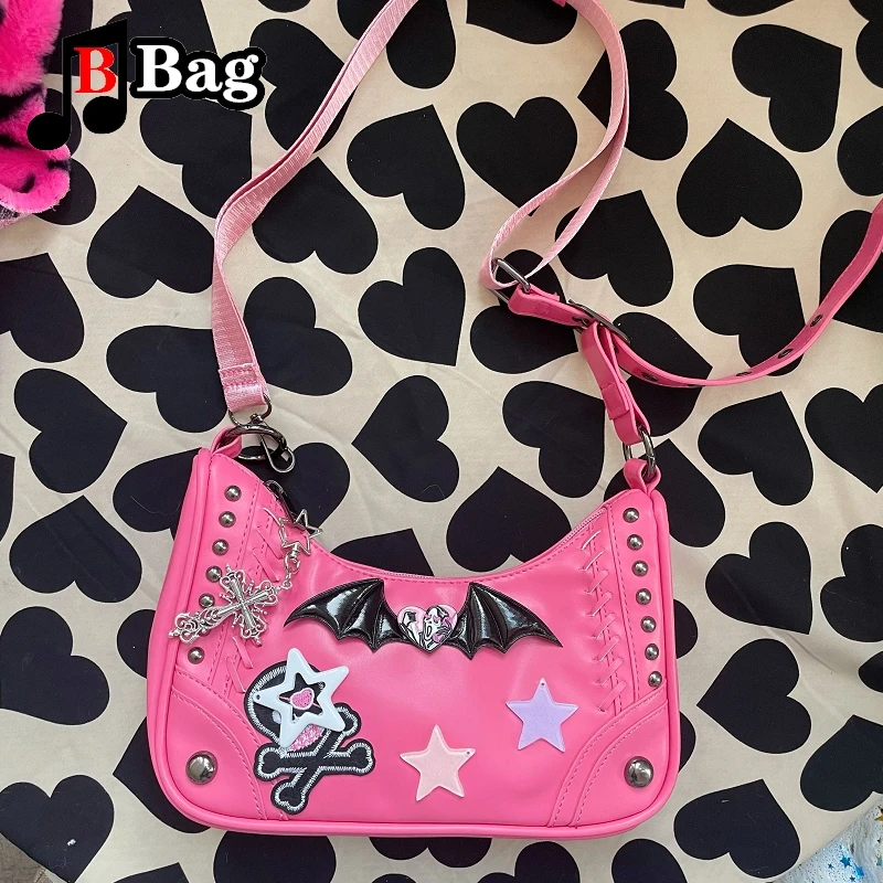 Bat Pink Fashion Retro Bag Skull Rivet Underarm One Shoulder Handbag y2k Harajuku Spice Girl Millennium Subculture Tote