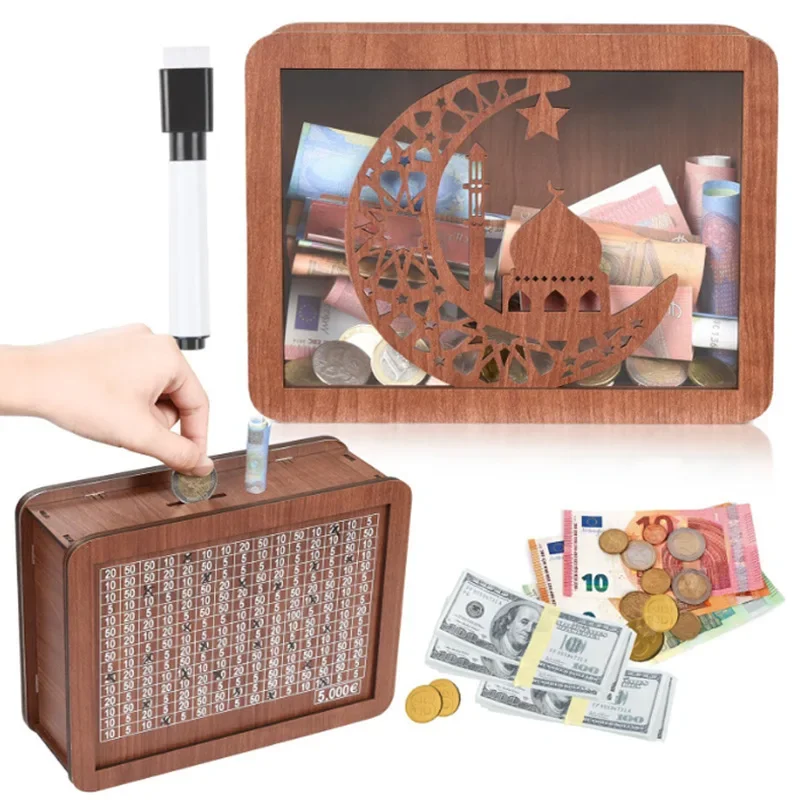 Piggy Bank Wooden Piggy Bank Wooden Money Box 1000/2000/3000/5000/10000 Dollar Euro Saving Money Box with Money Goals for Kids Adults
