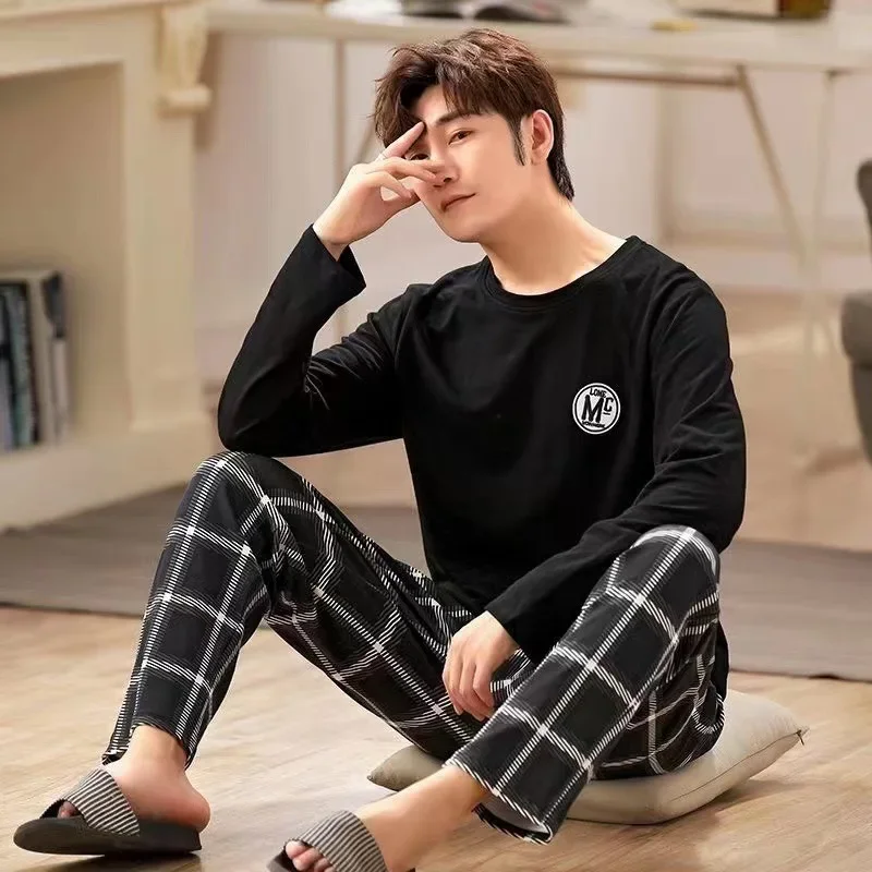 Pijamas de algodón de manga larga a rayas para hombres, ropa de casa para adolescentes, traje de 2 piezas, primavera y otoño, recién llegado