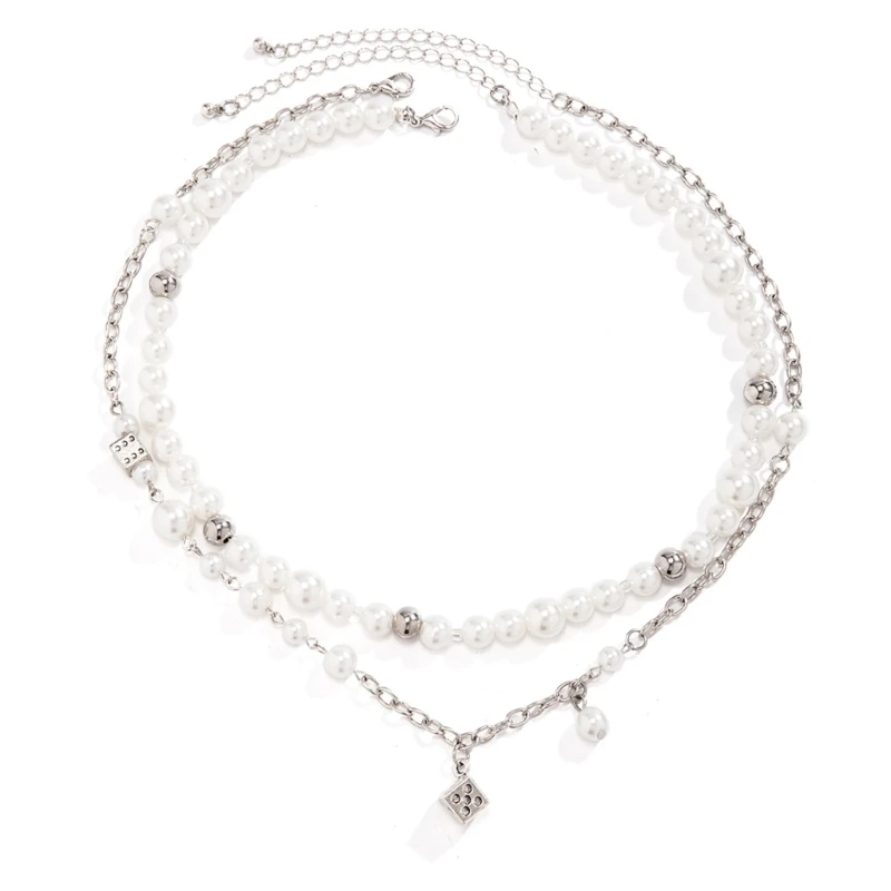 

M2EA Hip Hop Clavicle Chain Stylish Pearls Beads Neckachain Dices Pendant Necklace for Women Girls Unique Jewelry Gift