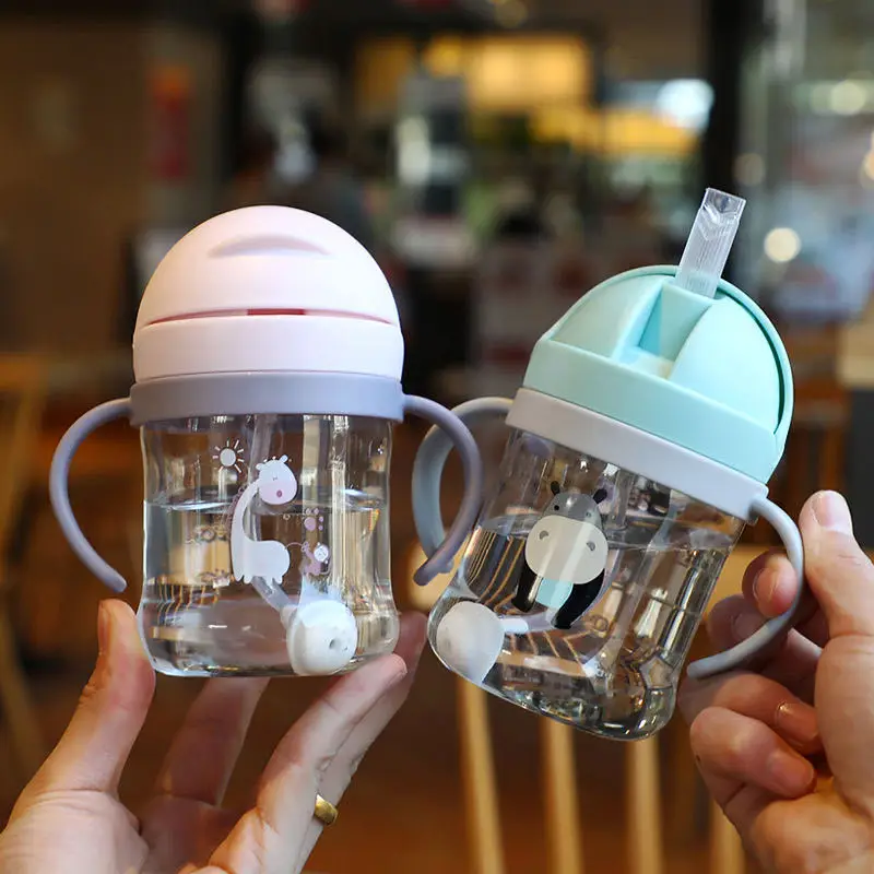 

250ml Baby Drinking Cup Feeding Bottle With Straw Gravity Ball Wide Caliber Drinking Milk Water Bottle With Handle Cartoon Cup