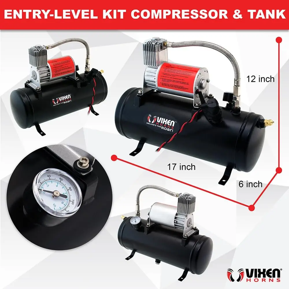 Train Horn Kit for Trucks/Car/Semi. Complete Onboard System- 150psi Air Compressor, 1.5 Gallon Tank, 4 Trumpets. Sup