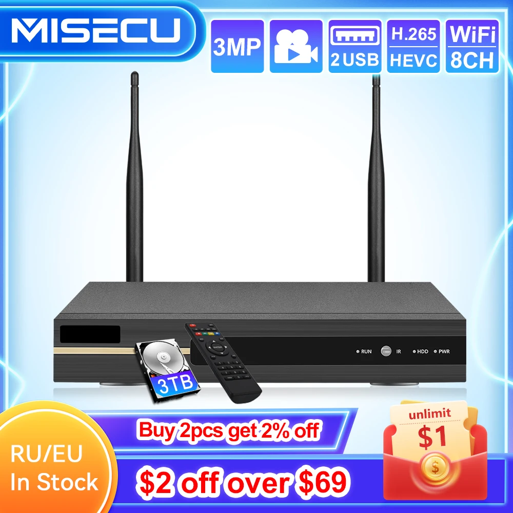 MISECU 8CH H.265 3MP Wireless NVR Recorder Wifi H.265 CCTV Security System P2P ONVIF IP Camera HDMI Network Video Smart PlayBack