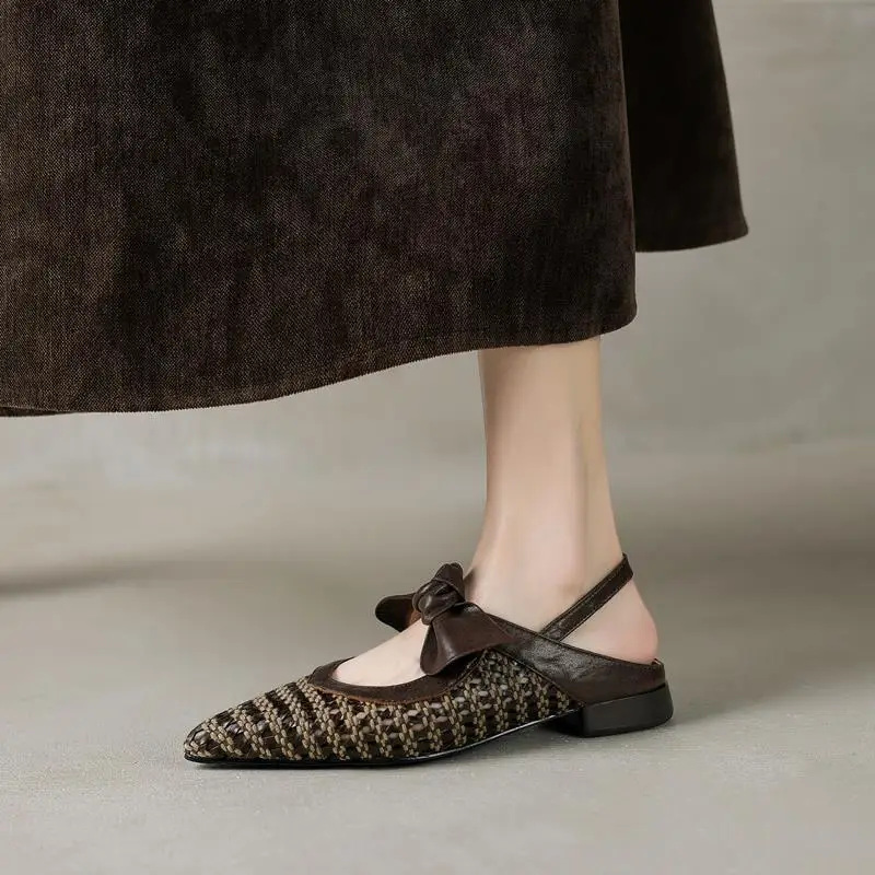 Women's Size 34-40 New Genuine Leather Sandals Slingbacks Bowtie Low Heels Weaving Pointed Toe Summer Shoes