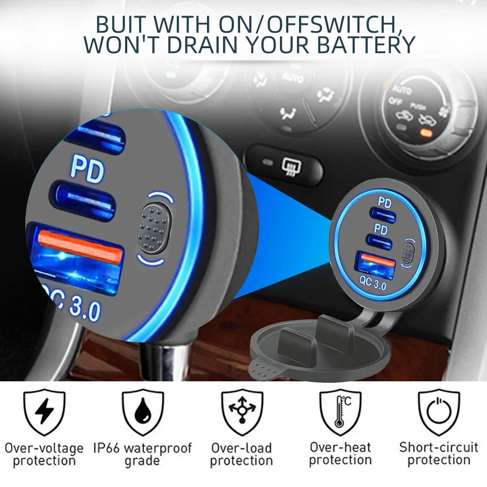 QC3.0 + PD 차량용 충전기 소켓, 이중 USB 포트, C타입, 3 포트 전원 어댑터, 스위치, 범용 방수, 78W