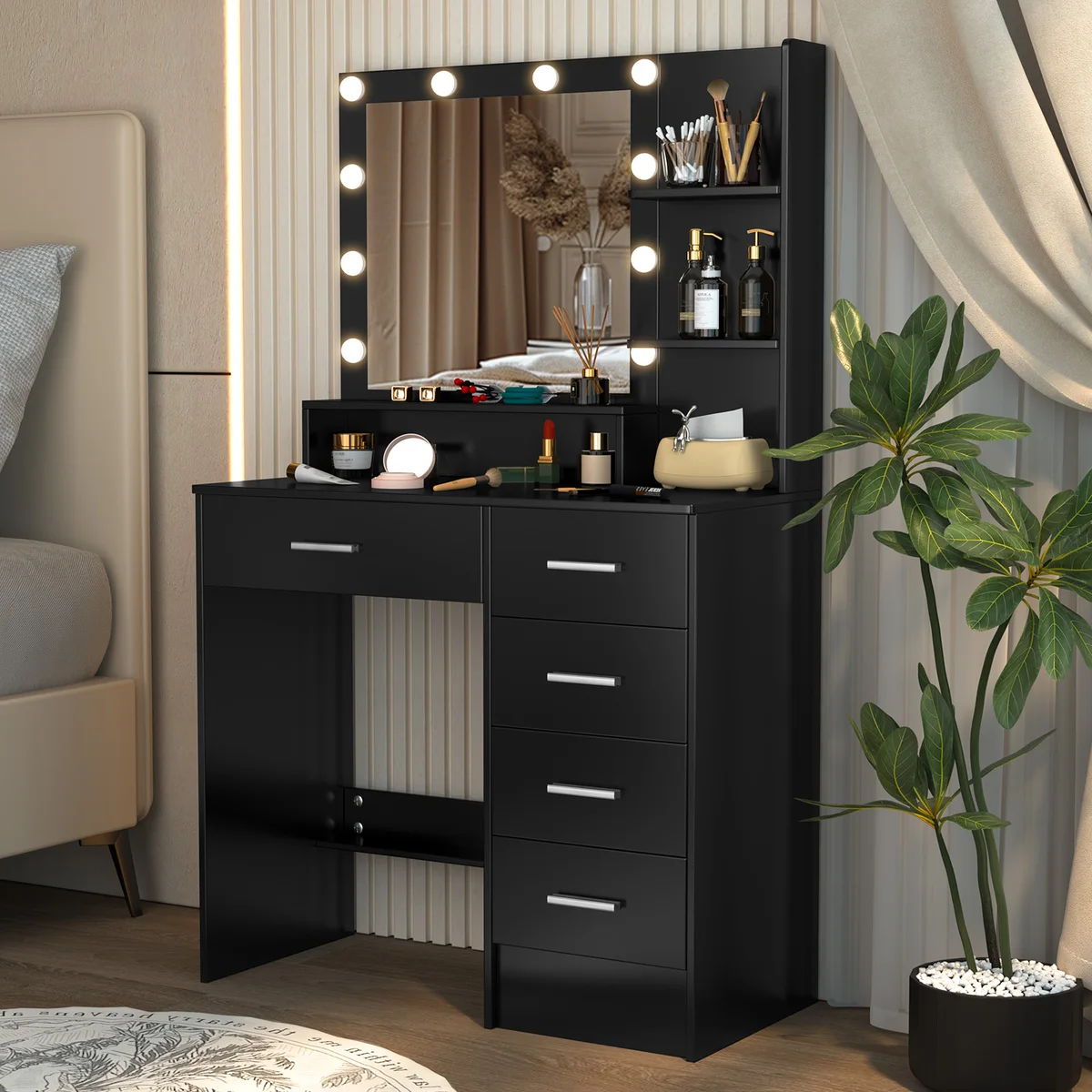 Black Dressing Table with 5 Drawers and Lighted Mirror Makeup Vanity Desk — view 3