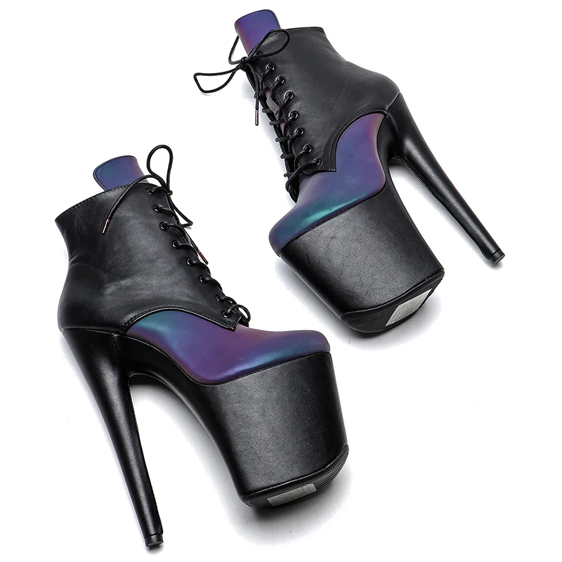 Leecabe  20CM/8inch  Reflective material PU with Matte  PU Upper  Platform Ankle Boots Sexy Exotic  pole dance shoes