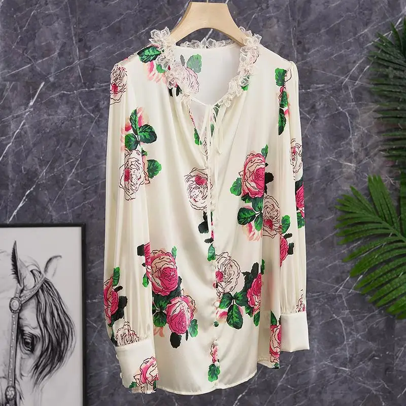 

Fresh Oil Painting Ruffles Rose Floral Lace Petal Collar Shirts Blouse Women Tops Camisas De Mujer
