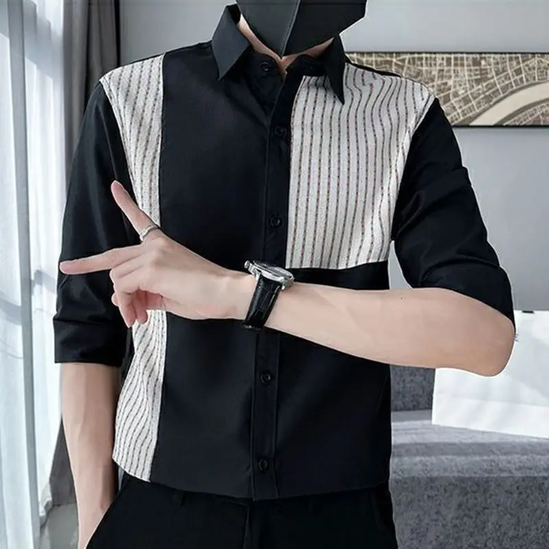 Fashion Lapel Button Spliced All-match Striped Shirts Men's Clothing 2023 Autumn New Loose Casual Tops Korean Asymmetrical Shirt