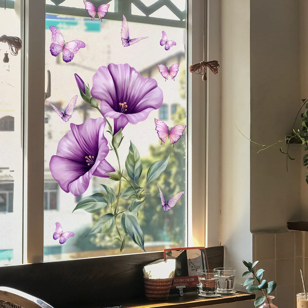Purple Flowers Butterflys Glass Windows Home Landscaping Decoration Electrostatic Uv Window Stickers House Decoration