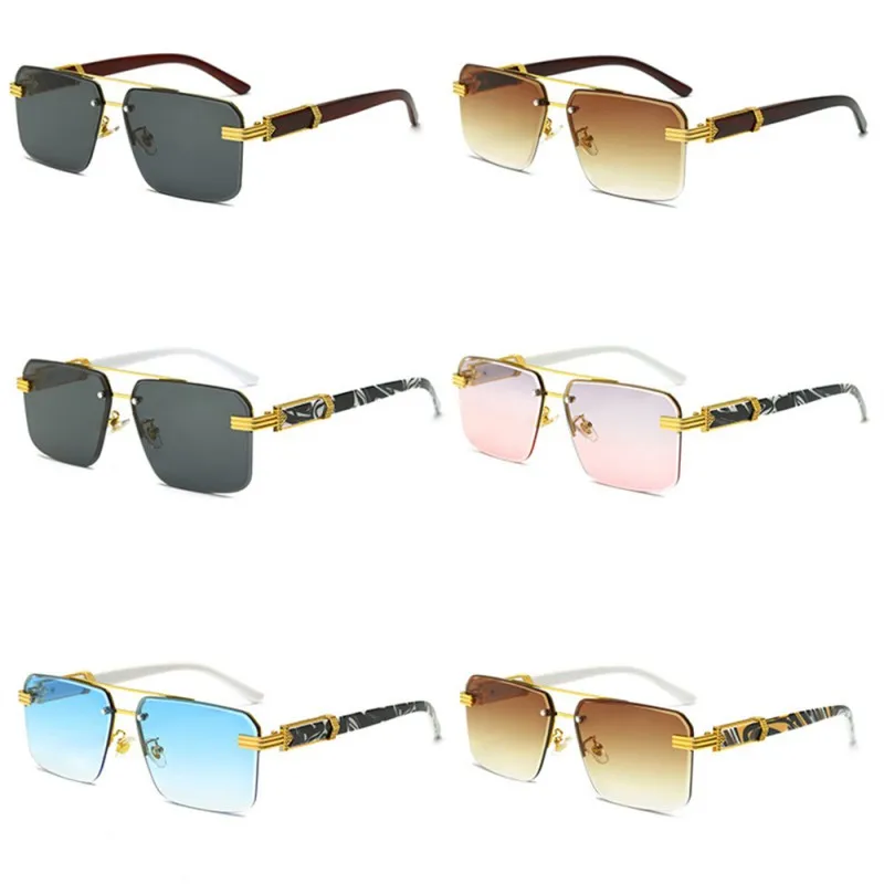 

New Fashion Vintage Wood Grain Temple Rimless Square Metal Sunglasses Men Women Luxury Brand Trendy Frameless Sun Glasses UV400