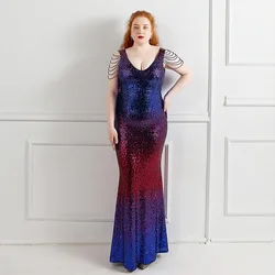 Plus Size V Neck Mermaid Evening Dress Luxury Glitter Sequins Beading Formal Robe De Mariée Red Carpet Pageant Party Prom Gown