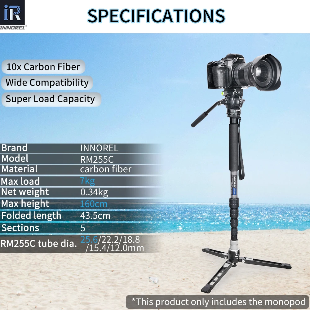 INNOREL RM255C 캐논 니콘 DSLR 카메라 비디오 캠코더용 전문 카본 파이버 모노포드 5단 사진 브래킷