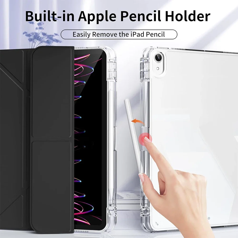 Ultimate iPad Case with Pencil Holder & Y-Fold Stand - Clear Hard Back & Shockproof Frame