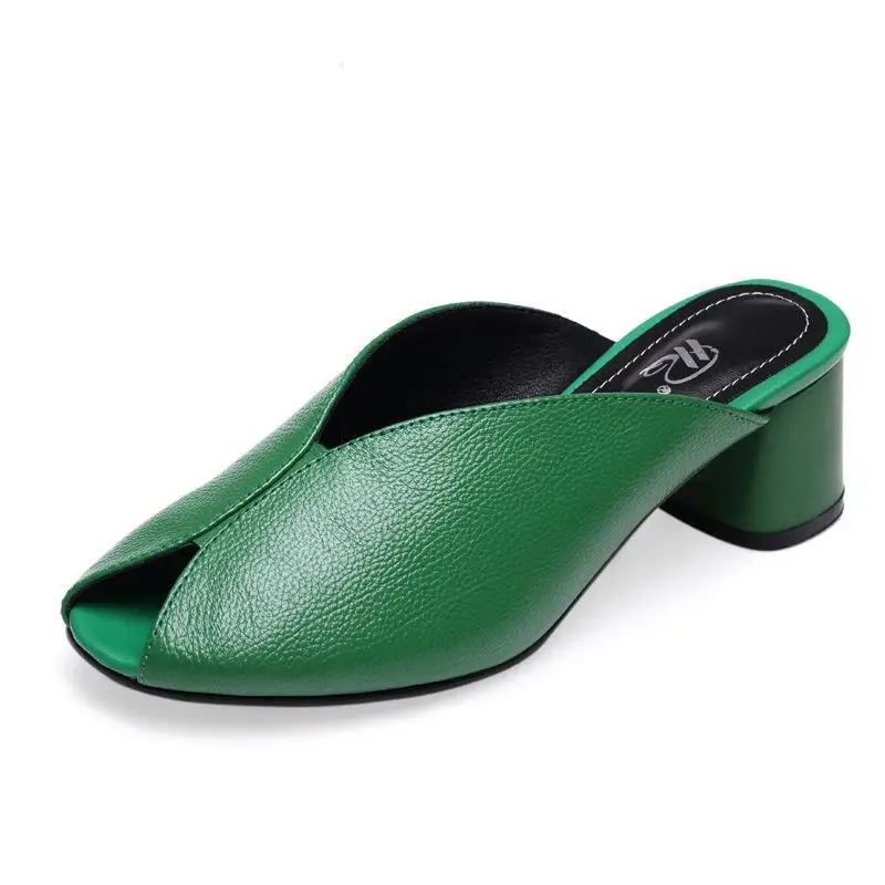 New 2023 Green Slip-on Slippers High Heeled Womens Mules Pumps Peep Toe Square Heel Autumn Casual Sandals Slipper Lady 5