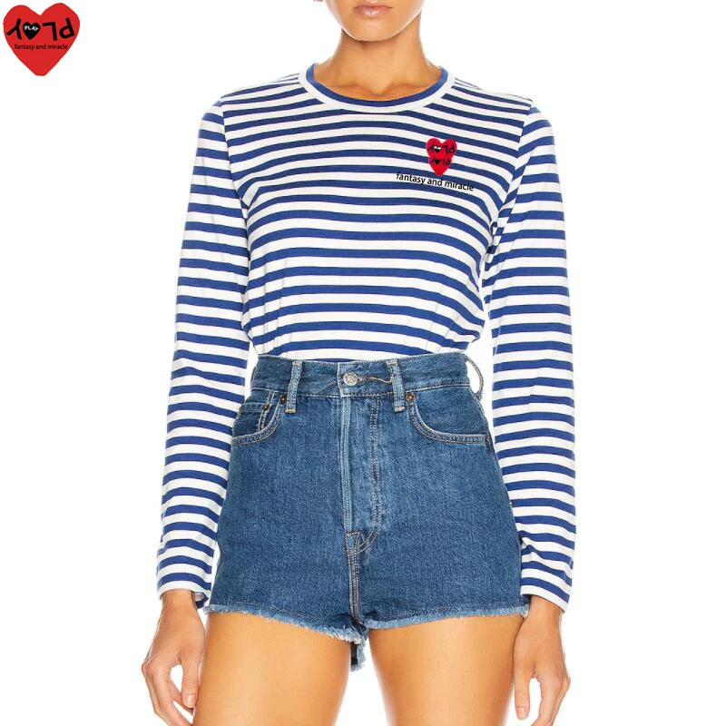 

Women Striped T-Shirt Overlapping Heart Embroidered Letter Print Cotton O-Neck Long Sleeve Spring Autumn Slim Fit T-Shirt