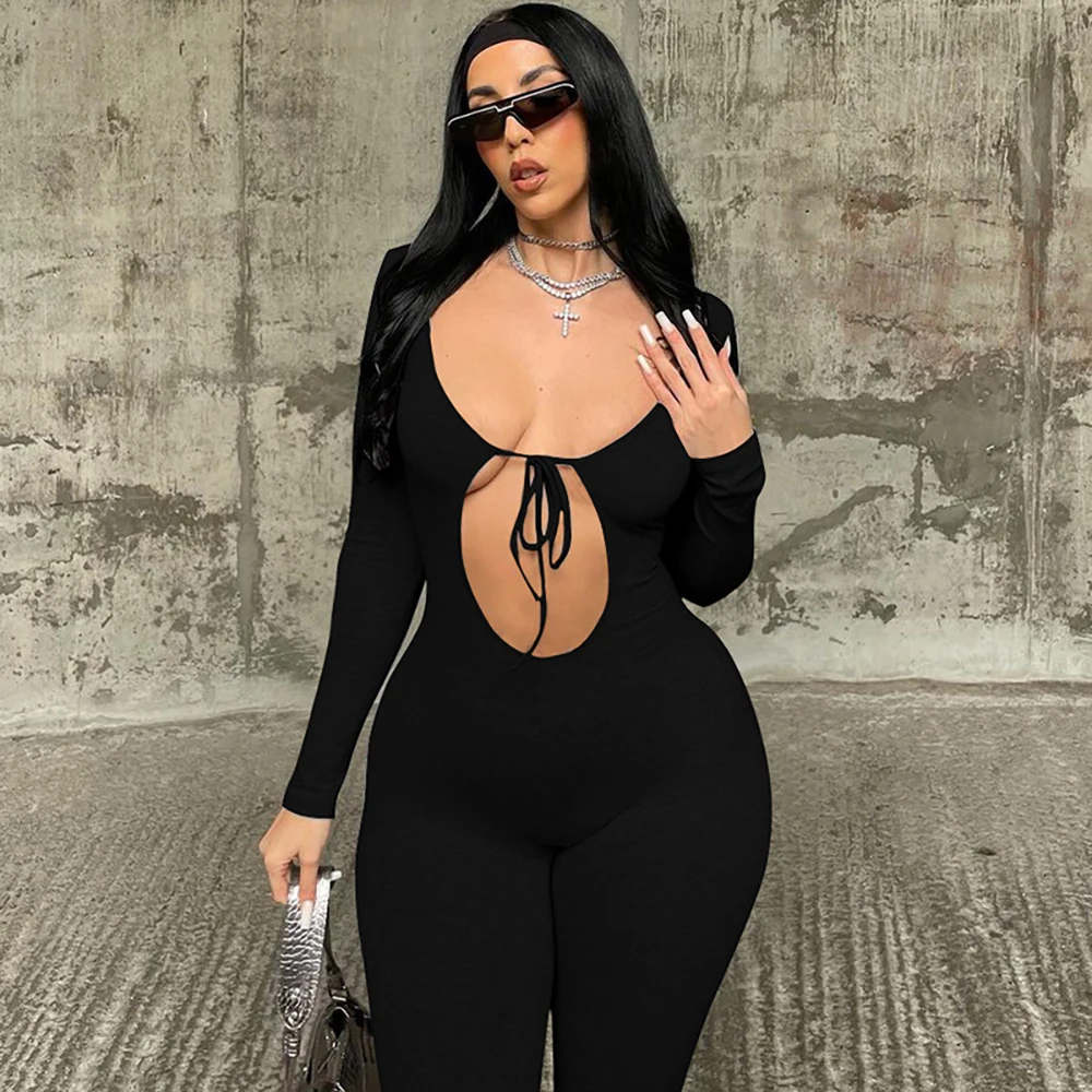

Sexy Chest Lace Up Fashion Casual JumpsuitsAutumn 2023 New Women Clothes Long Sleeve Chest Cut Out Skinny Fitness Leggings