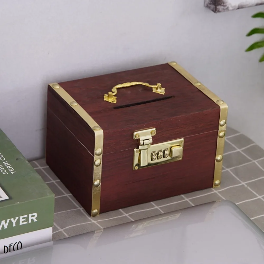 Safe Box Piggy Bank Organizer Treasure Storage Box Money Jar with Combination Lock Wooden Treasure Chest