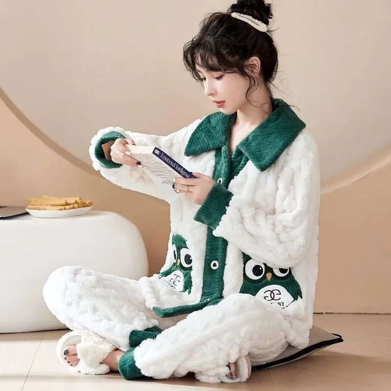 Sleepwear Women's Winter Thickened Loungewear Coral Velvet Warmth Cute Sleepwear Autumn Flannel Outerwear Homewear Set 2023 New