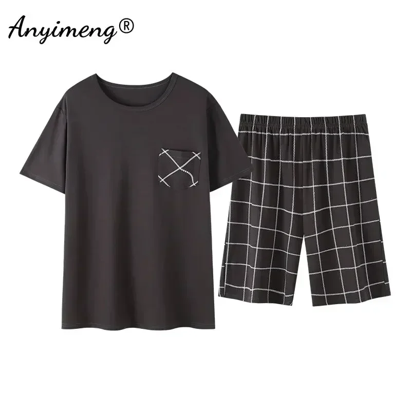 Pajama Sets L-4XL Mens Cotton Sleepwear Summer Shorts Short Sleeves Homewear for Man Casual Male Pajamas 2 Pieces Set