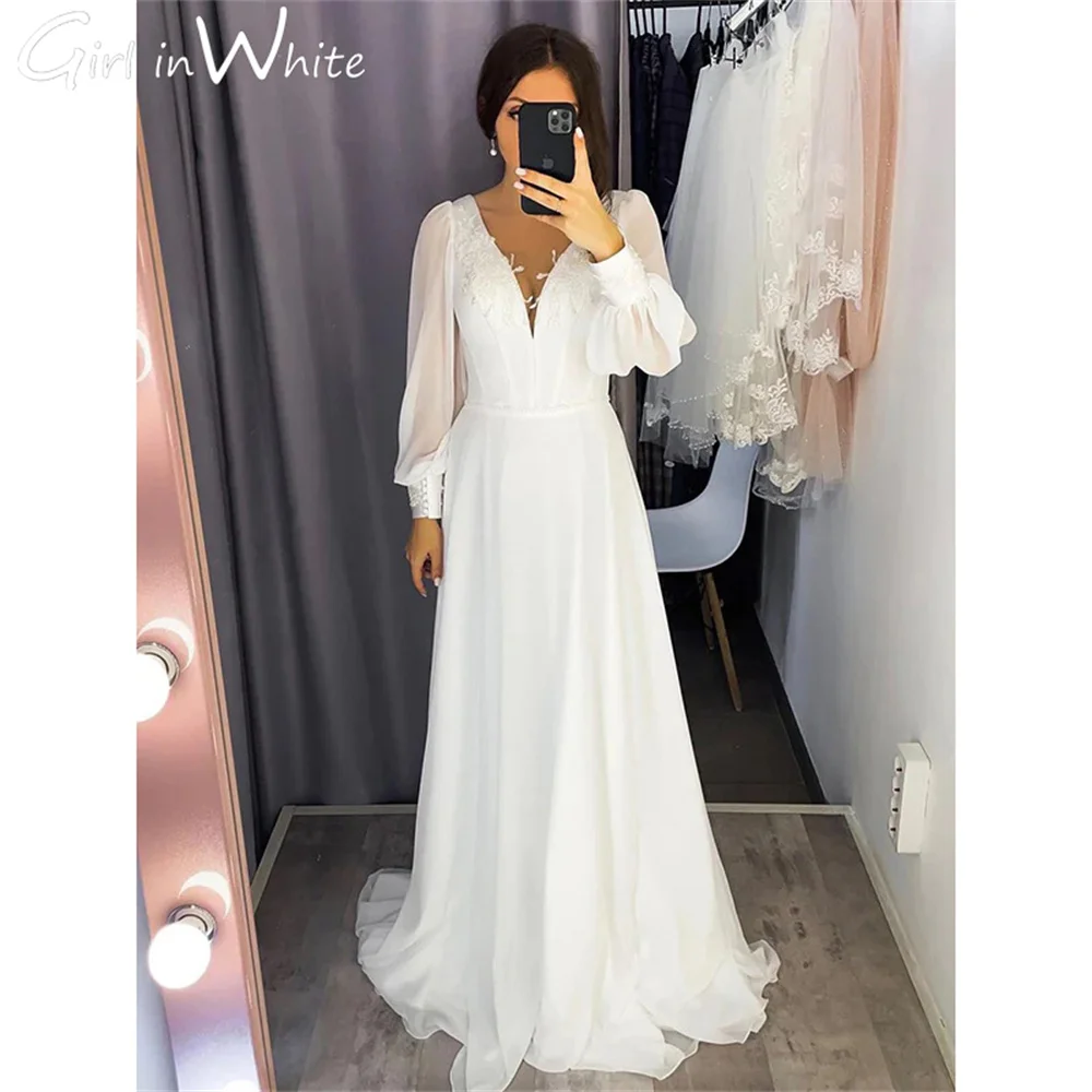 

Elegant Lantern Sleeves Wedding Dress V Neck Appliques Wedding Gowns A Line White Bride Robe vestidos de novia فساتين مناسبة حسب