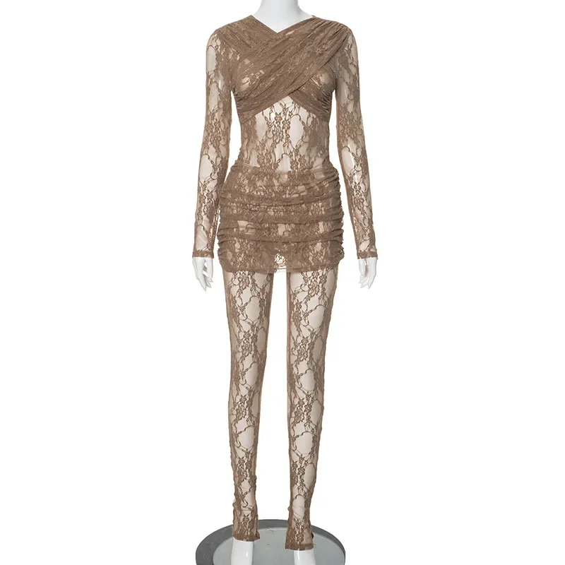 Nightclub Sexy Black Jumpsuit Mini Skirt Women Regular Long Sleeve Lace See Through Zipper Female Streetwear Two Piece Sets