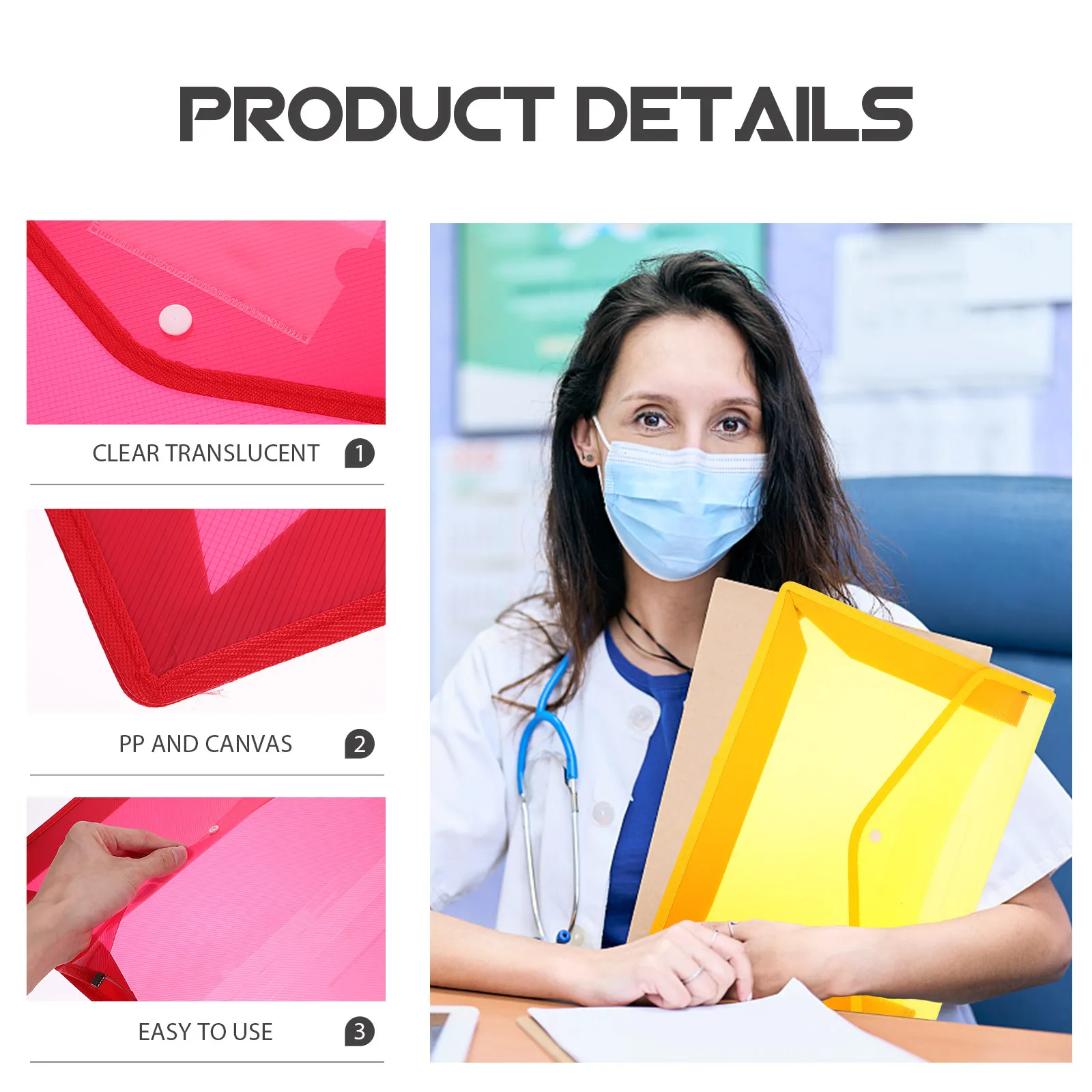 5Pcs A4 투명 플라스틱 문서 폴더 봉투 스타일 스냅 버튼이 있는 찢어짐 방지 방수 기능 사무실 학교용