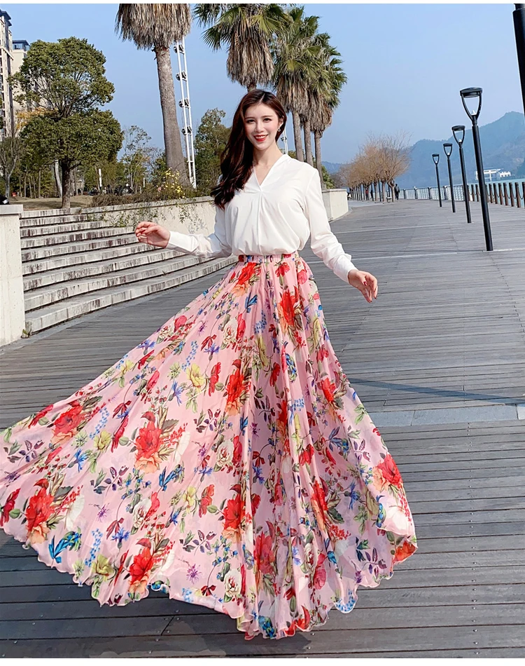 

Vintage Fashion Floral Oversize 3XL Chiffon Print Floor-Length Bohemia Maxi Swing Skirt Holiday Beach Skirt
