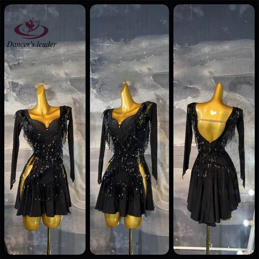 

Женское платье для латиноамериканских танцев, индивидуальное платье с бахромой и прорезями, ломбардный костюм, профессиональная одежда для выступлений