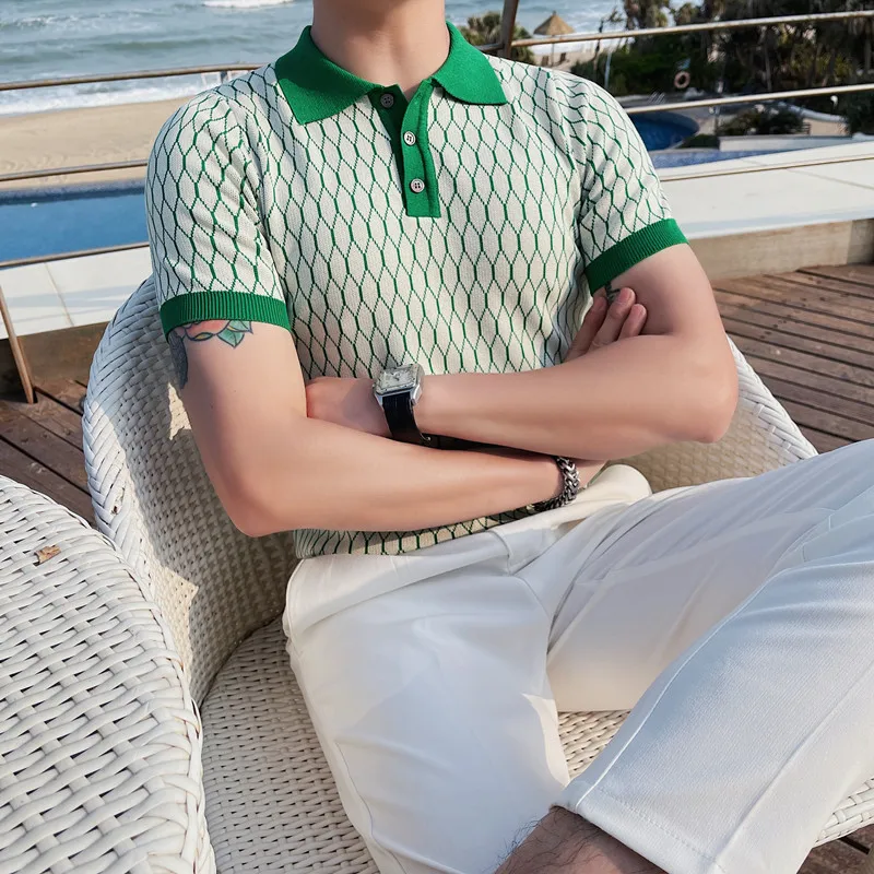 2023 Summer Diamond Plaid Knitted Polo Shirt Men's Ice Silk Short Sleeve Slim Fit Lapel T-shirt Streetwear Plus Size 4XL-M