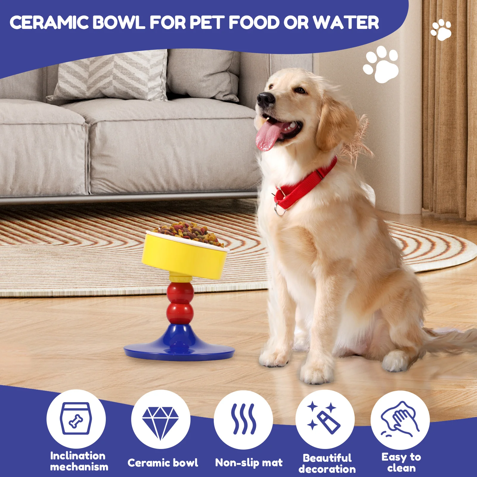 Elevated Cat Dog Bowl Ceramic Tiltable Pet Feeding Bowl With Anti Slip Pad Adjustable Height Cat Dog Water Bowl Pet Supplies