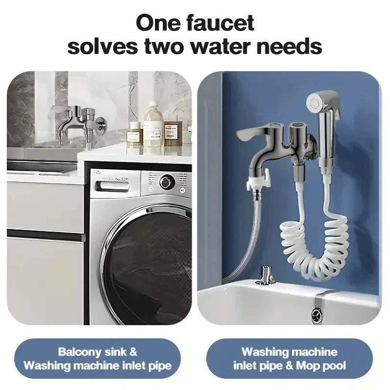Stainless Steel Faucet Double Outlet Dual Control Water Tap One in Two Out Faucet 1/2" Bidet Faucets Bathroom Accessories