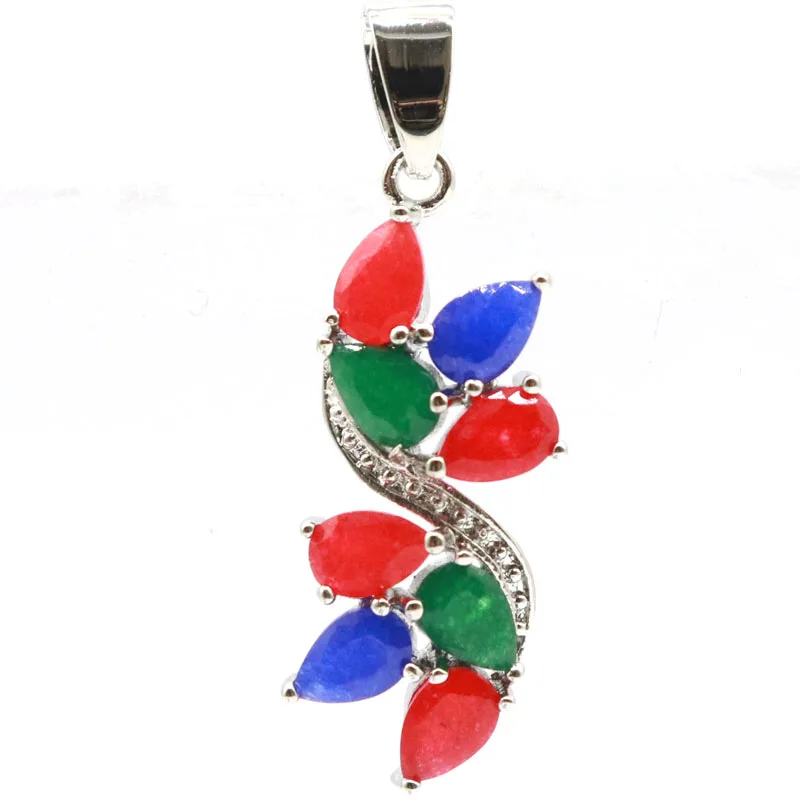 

35x12mm Multi Color Real Red Ruby Green Emerald Blue Sapphire White CZ Woman's Present Silver Pendant