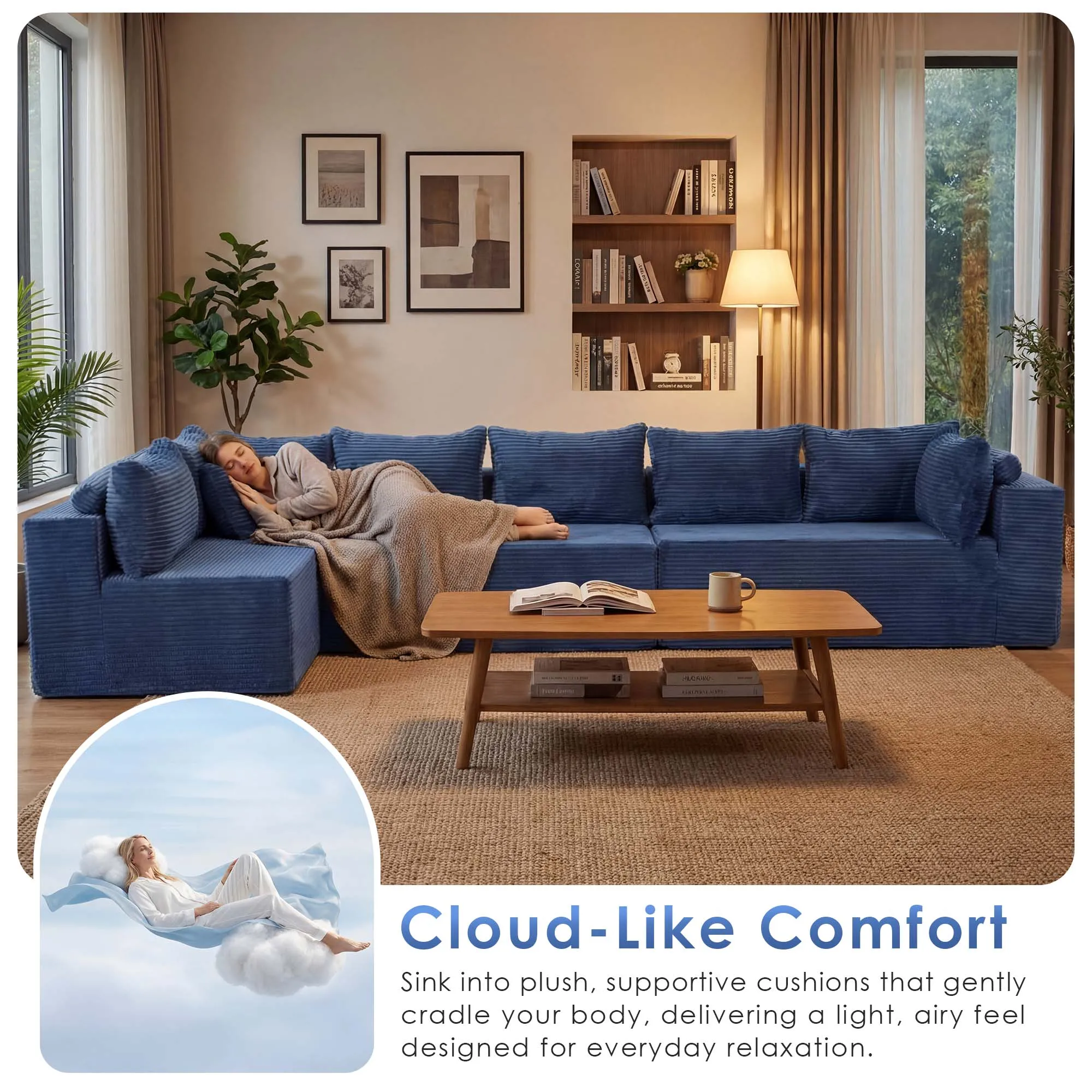 Redlife 165" Boneless Couch with Ottoman, 6 Seat Modular Sectional Sofa,Blue Corduroy Upholstery,28" Deep Seat,Removable Covers 2