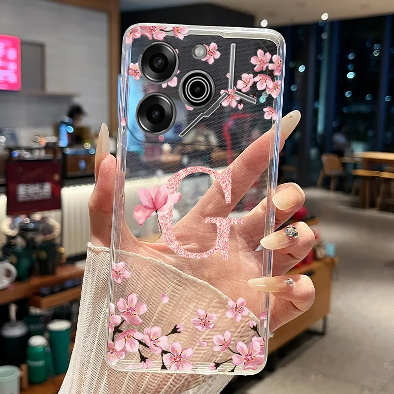 Floral Letter Transparent Slim Silicone Couple Phone Case