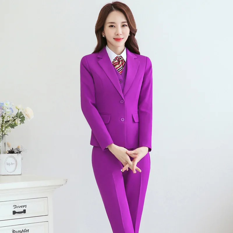 

Women Blazer Pants Sets Suits Spring Purple Blue Red Uniform Office Ladies 2 Pieces Female Elegant Business Trouser Wear Work