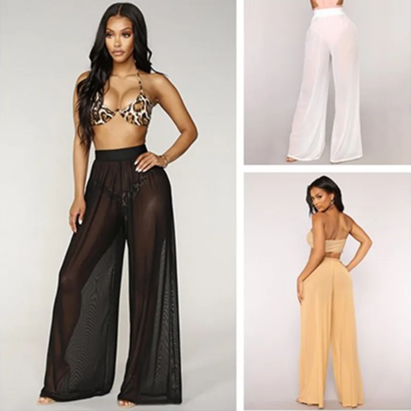 Женские прозрачные брюки в стиле бохо с широкими штанинами и высокой талией