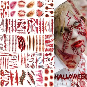 Horror Realistic Fake Bloody Wound Stitch Scar Scab Waterproof Temporary Tattoo Sticker Halloween Masquerade Prank Makeup Props 1