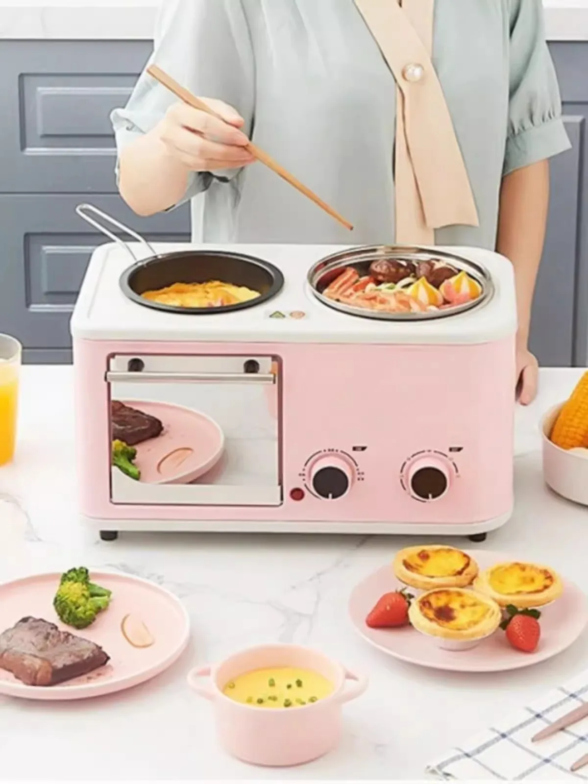 Household Electric 4 in 1 Breakfast Machine Mini Bread Toaster Baking Oven Omelette Fry Pan Hot Pot Boiler Food Steamer 3