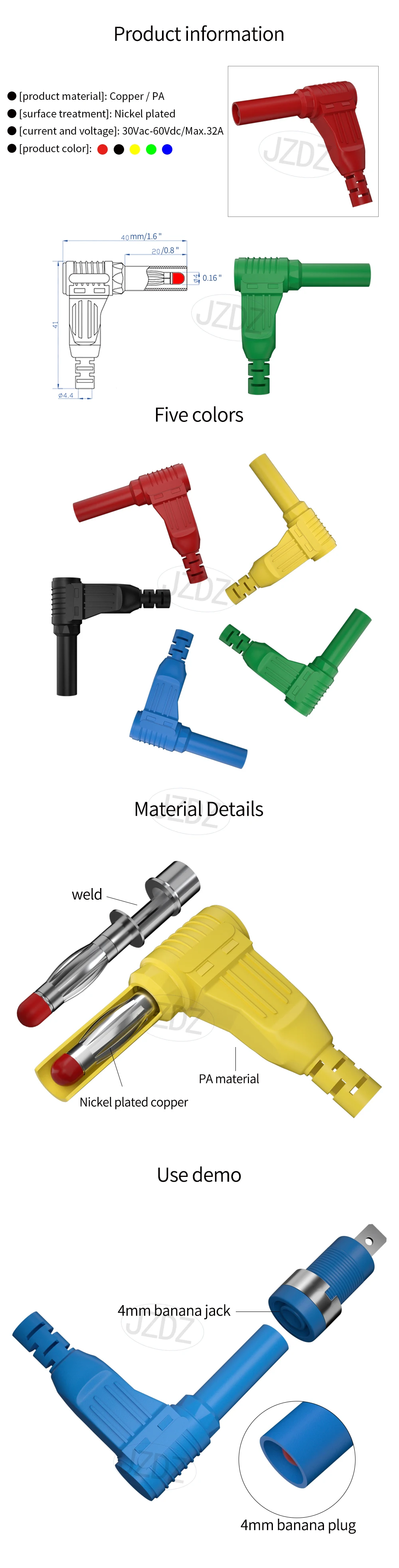 JZDZ 10PCS 4MM Rechten Winkel 90 Grad Banana Stecker Sicherheit Schweißen Montage Test Führt Anschlüsse DIY J.10039 – Detail 1