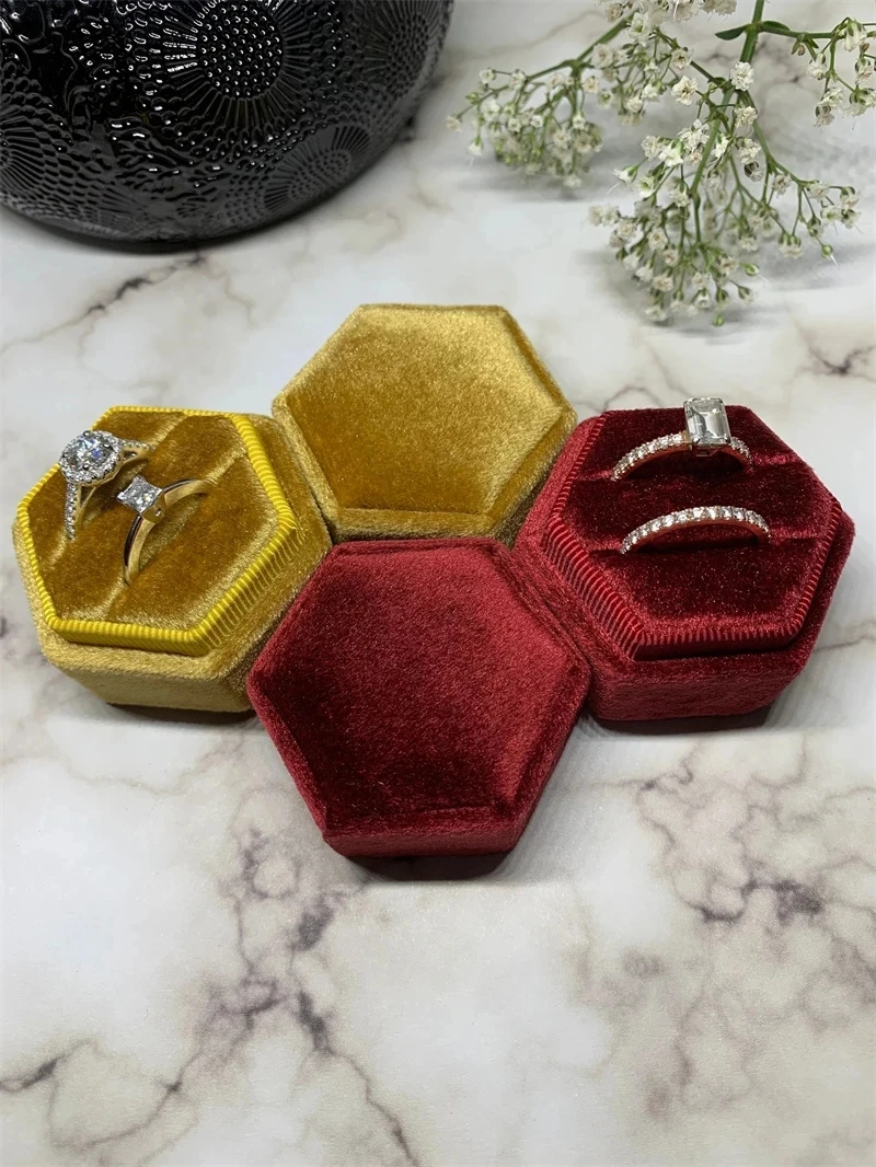 

Royal Collection Velvet Ring box Hexagon Shape Double Slot for Engagement Ring and Wedding Ring Heirloom Box