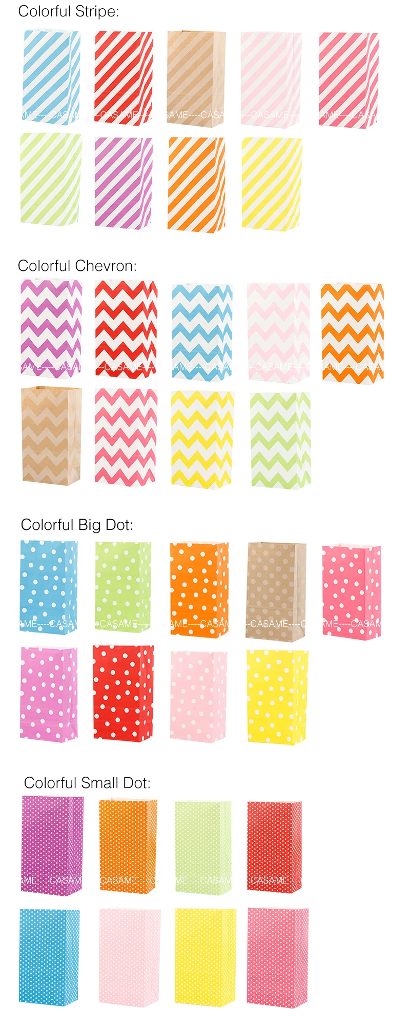 Description Picture 4 of itemSolid Color Colorful Dots Stripe Gift Bag Party Wedding Favor Cookie Candy Bags Birthday Food Treat Bag Open Top Paper Bag