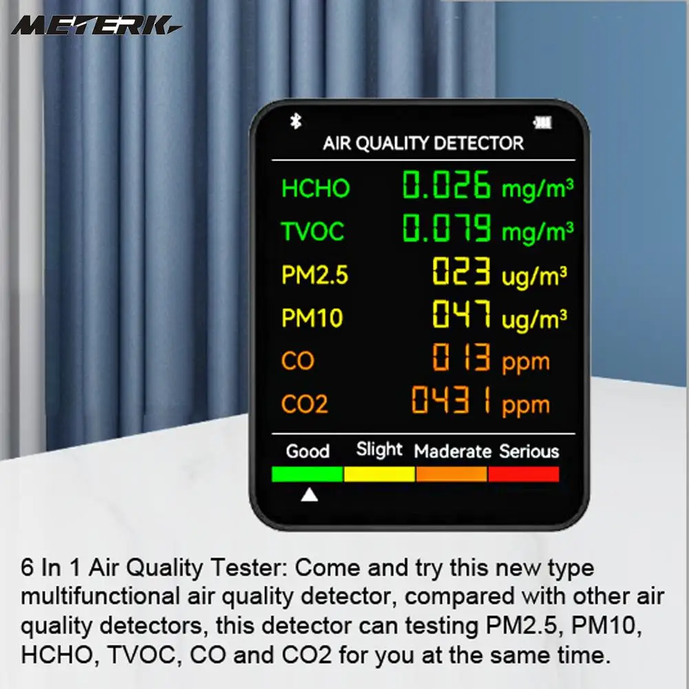 6 In 1 PM2.5 PM10 HCHO TVOC CO CO2 Air Quality Detector CO CO2 Formaldehyde Monitor Desktop Air Quality Tester 7 In 1 Temperatur