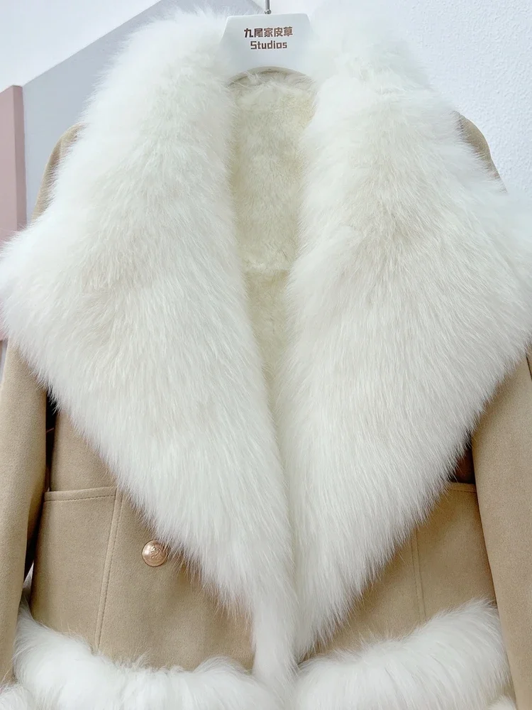 Rex Rabbit Collar Fox Fur Coat Lining Large 2023 Winter New Suede Splicing Single Button Thick Warm Slim Jackets Women‘s Clothes
