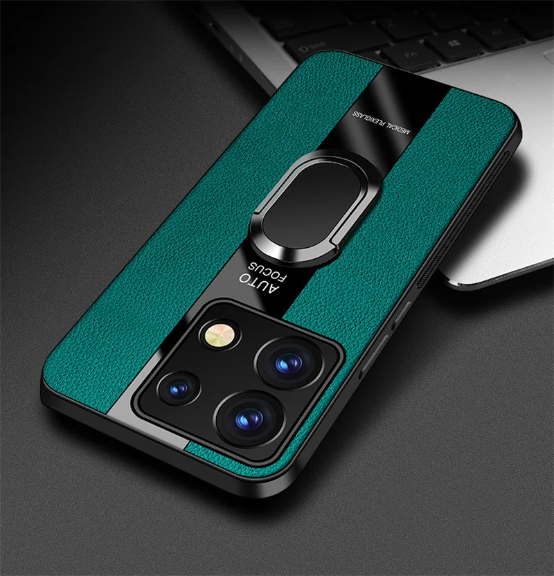 Luxury Leather Magnetic Ring Phone Case with Shockproof Bumper Design
