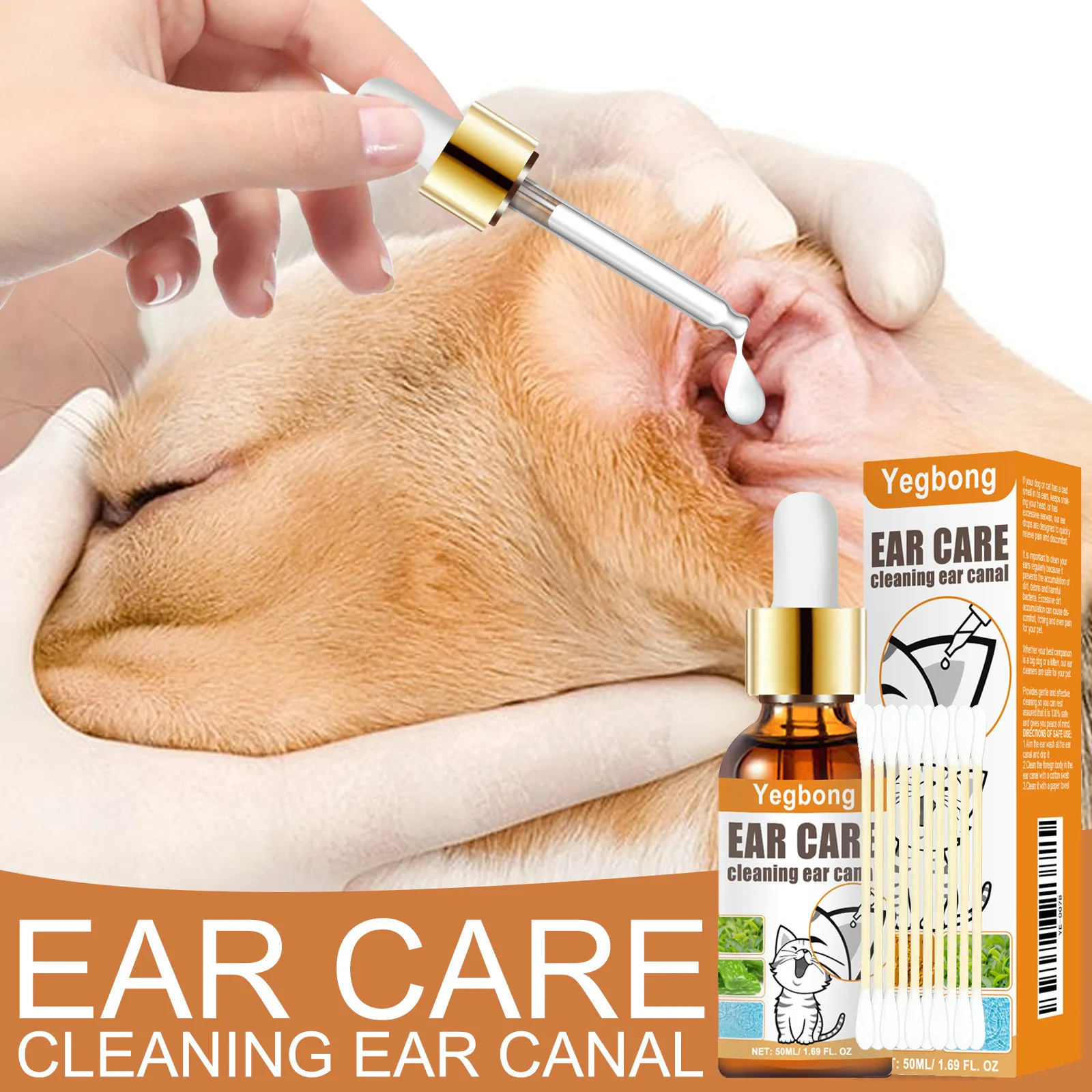 Pet Ear Cleaner with Cotton Swab for Cat and Dog Ear Mite Removal Itching Relief Cleaning Drops Canal Deodorization