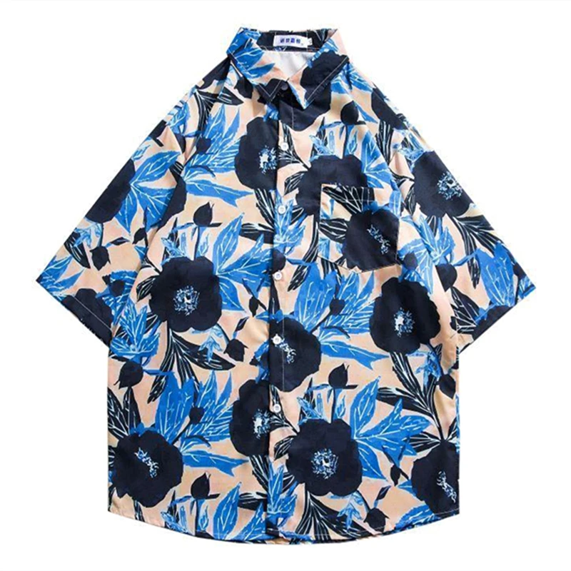 

Vintage Aesthetic Dark Goth Ink Flower Men Shirts Summer Beach Hawaii Style Streetwear Button Up Shirt Ladies Tops Loose Casual