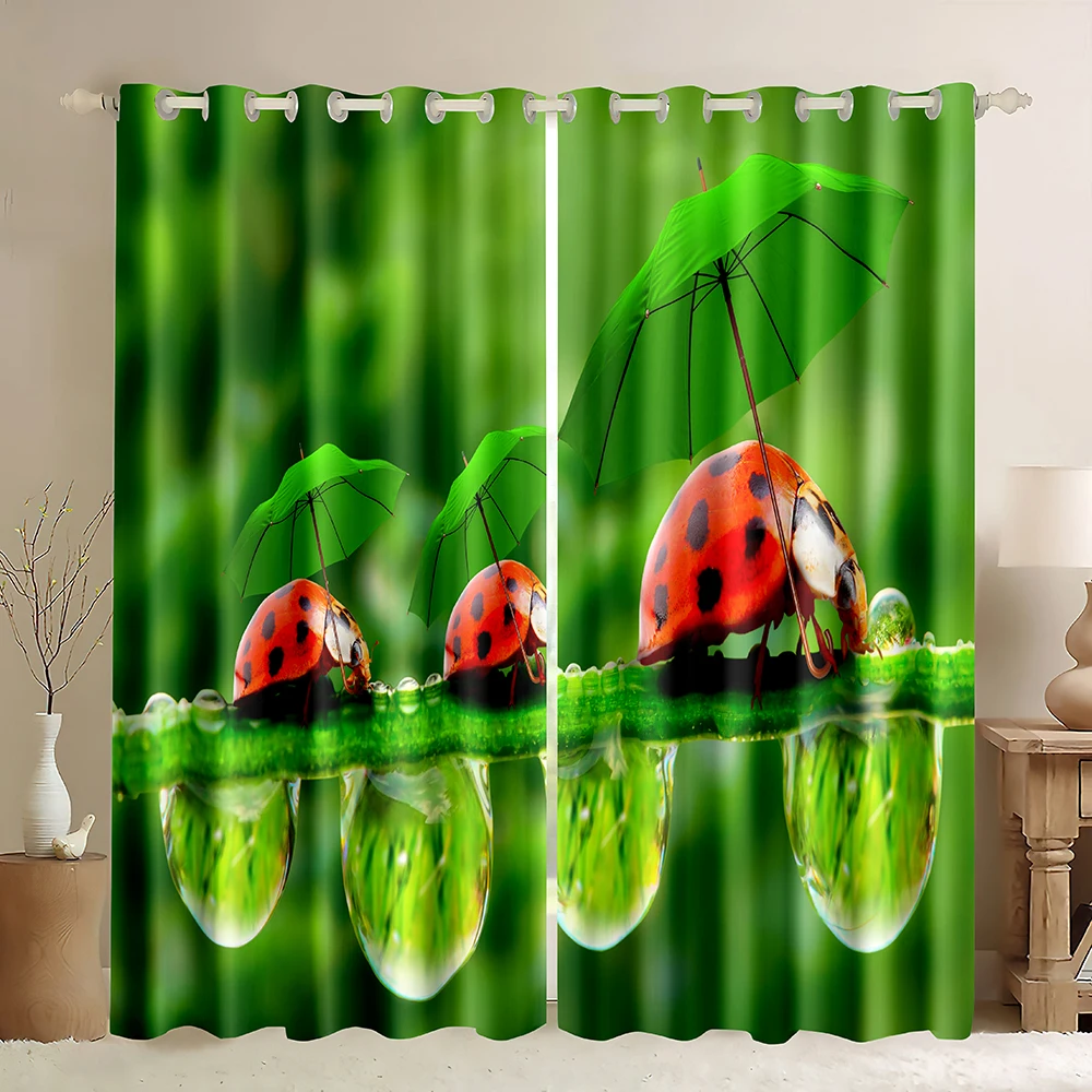 

Animal Curtains,Cute Ladybug Walking With Umbrella In The Rain Print Cartoon Room Darkening Blackout Window Curtain Sport Theme