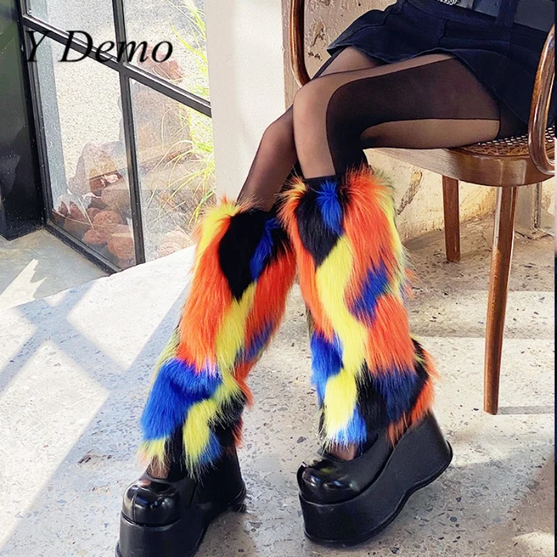 

Y Demo Y2k Colorful Patchwork Pattern Women Leg Warmer Thick Boots Socks Harajuku Streetwear